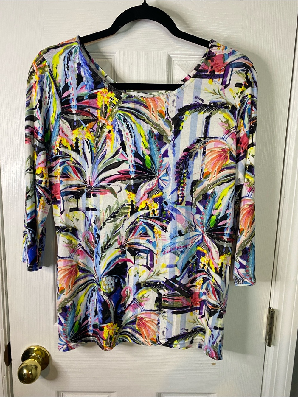 Peck & Peck Multicolor Palm-Print Long Sleeve Tee Size Petite Large.